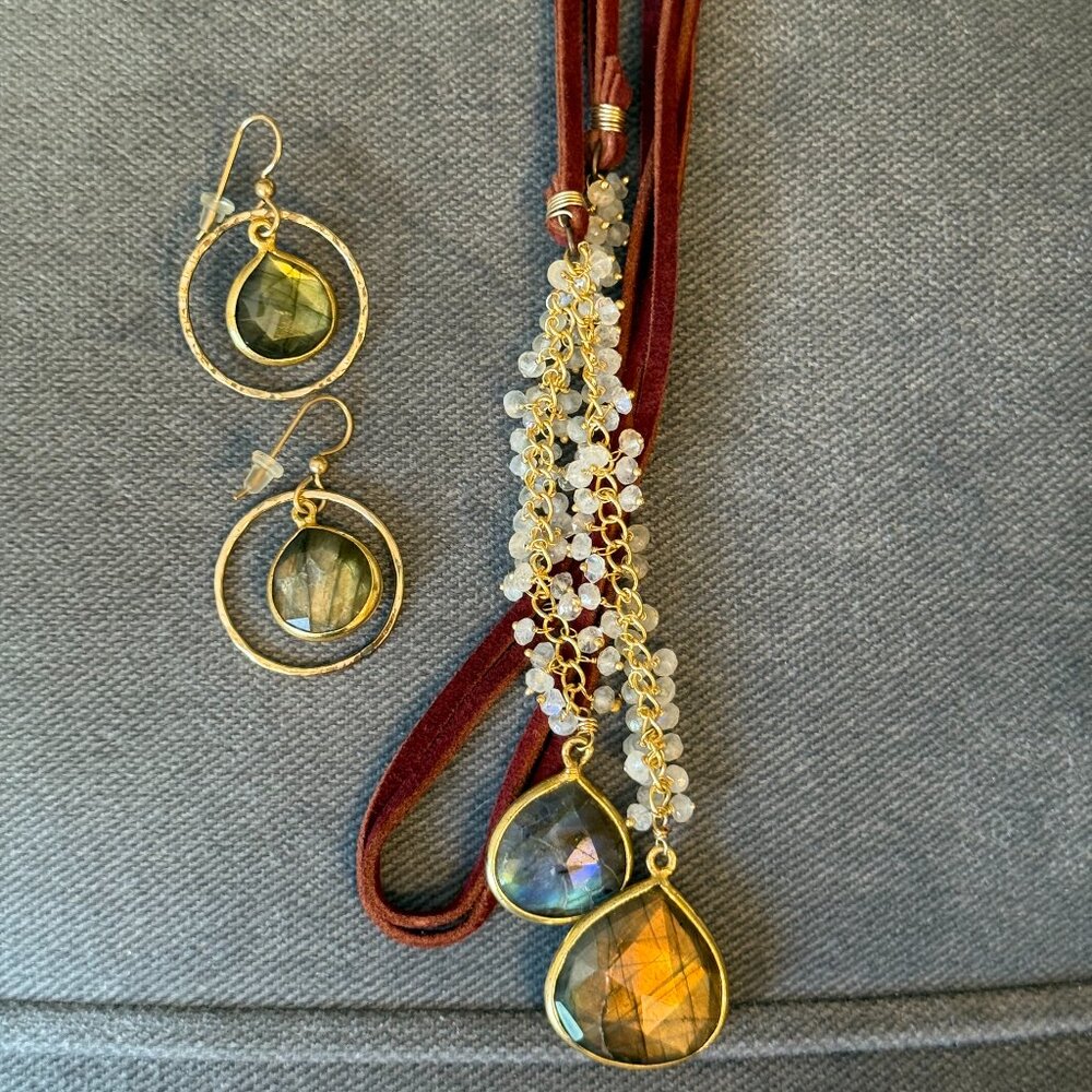 Boho Set: Leather moonstone labradorite lariat necklace 40" w/ drop earring NWOT - Picture 4 of 5